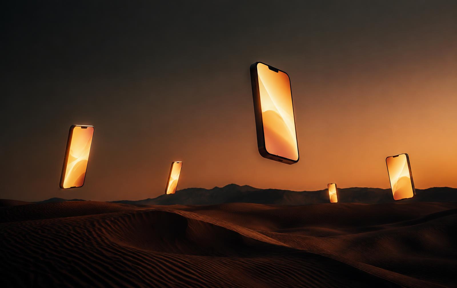 Desert at dusk with glowing screens